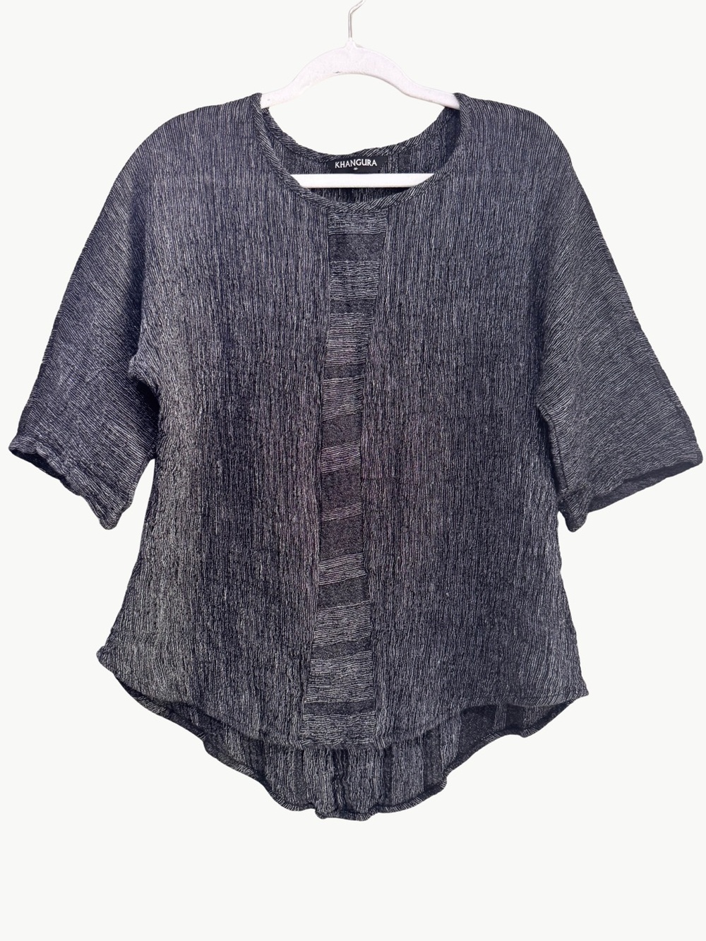 100% Linen Crinkle Tunic Top M Black White High Low Lagenlook Boho Khangura